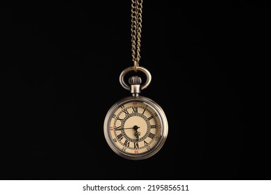 Beautiful Vintage Pocket Watch With Chain On Black Background. Hypnosis Session