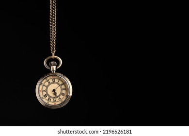 Beautiful Vintage Pocket Watch With Chain On Black Background, Space For Text. Hypnosis Session