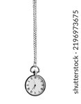 Beautiful vintage pocket watch with silver chain isolated on white. Hypnosis session