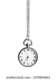 Beautiful Vintage Pocket Watch With Silver Chain Isolated On White. Hypnosis Session