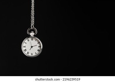 Beautiful Vintage Pocket Watch With Silver Chain On Black Background, Space For Text. Hypnosis Session