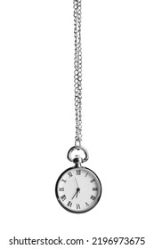 Beautiful Vintage Pocket Watch With Silver Chain Isolated On White. Hypnosis Session