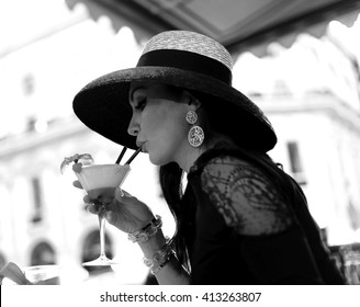 Beautiful Vintage Portrait Of Woman Drinking Cocktail Black And White