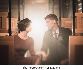 Beautiful Vintage Style Couple Inside Retro Train Coach 