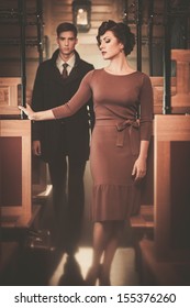 Beautiful Vintage Style Couple Inside Retro Train Coach 