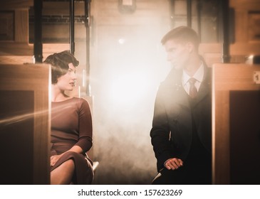 Beautiful Vintage Style Couple Inside Retro Train Coach 