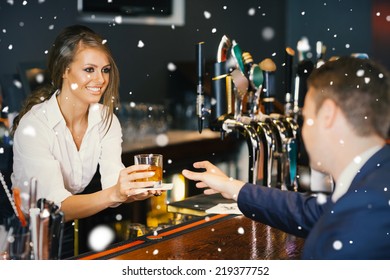 Beautiful waitress serving handsome businessman against snow falling - Powered by Shutterstock