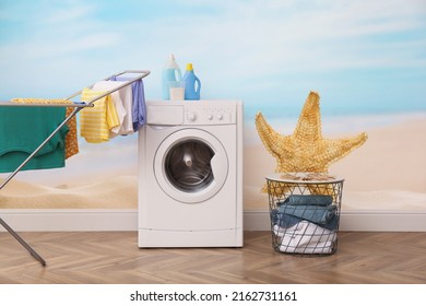 Beautiful Wallpaper With Image Of Starfish And Seascape In Laundry Room