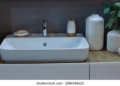 Beautiful Washstand With Soap In A Stylish Bathroom At Home Or Hotel 