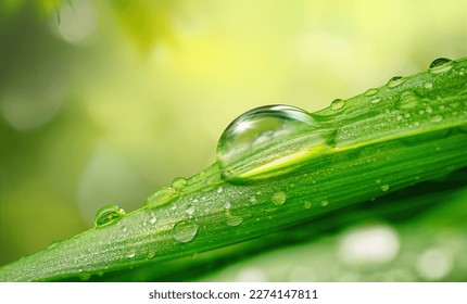 Beautiful water drops sparkle in sun on leaf in sunlight, macro. Big droplet of morning dew outdoor, beautiful round bokeh. Amazing artistic image of purity of nature.