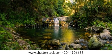 Beautiful water stream in Poço da Cilha waterfall, Manhouce, São Pedro do Sul, Portugal. Long exposure smooth effect. Idyllic green scenery, mountain forest landscape.