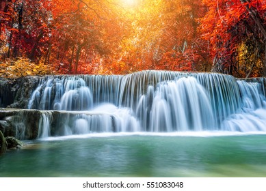 Beautiful Waterfall In Autumn Forest 