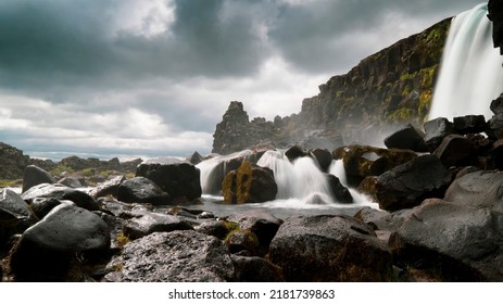 Beautiful Waterfall At Þingvellir, Iceland.