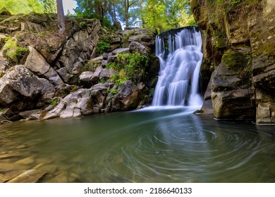 Beautiful Waterfall In The Mountain's Forest. Long Exposure. No People, Daylight.