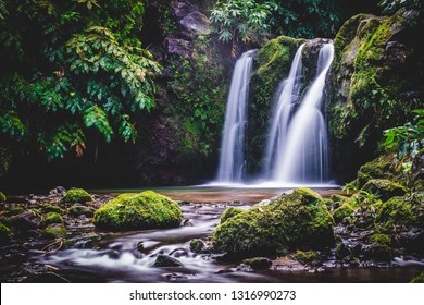 Beautiful waterfall in "Ribeira dos Caldeirões" in Sao Miguel island. Long exposition with silk effect