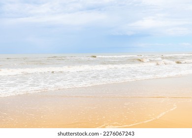 Beautiful wave soft blue breaking empty beach daytime. clean sandy surfing Brunei. Landscape water pattern sunset. sea wave crashing shore texture Background. Close up no people. - Shutterstock ID 2276067243