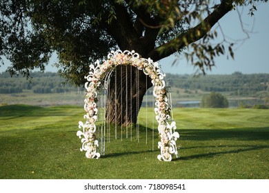 Beautiful wedding arch of flowers on a background green field with trees