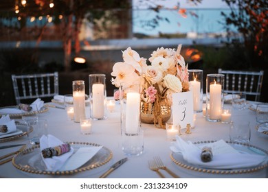 Beautiful Wedding Arrangement Table Romantic Date Dinner Orchid Candles Candle Dried Flowers Lights Flower Light Rose Evening Sunset Cloth Sincerely Eucalyptus Reception Ceremony Event Events Farewell - Powered by Shutterstock