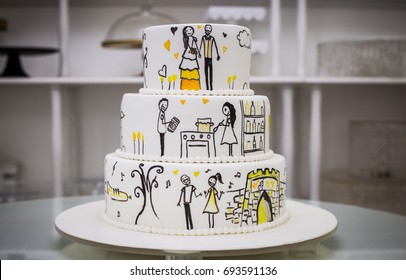 Beautiful Wedding Cake With Love Story Painted On It