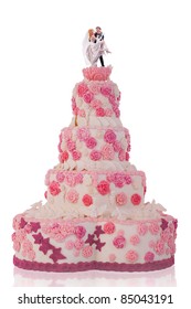 beautiful wedding cake, with pink roses. isolated on white background