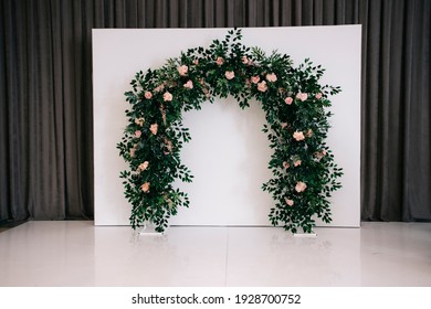 Beautiful wedding ceremony design decoration elements with arch, floral design, flowers.