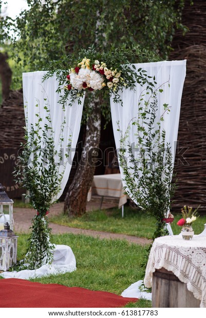 Beautiful Wedding Ceremony Outdoors Decorated Chairs Stock Photo