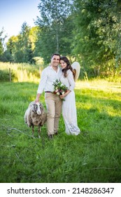 Beautiful wedding couple in nature in boho style. Wedding in the European style of fineart at sunset