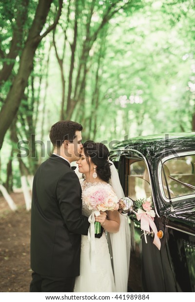 Beautiful\
wedding couple posing near splendid retro\
car