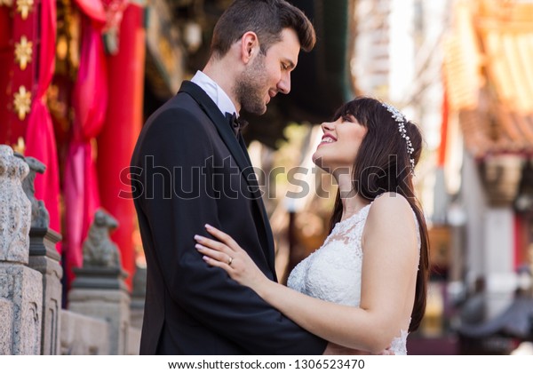 Beautiful Wedding Couple Posing Old Budist Stock Photo Edit Now