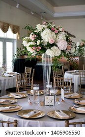 Beautiful Wedding Reception Table Centerpiece In White And Gold Ballroom