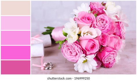 Beautiful Wedding Still Life With Bouquet On Grey Background. Color Palette With Complimentary Swatches