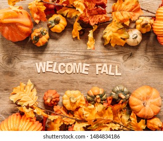 Beautiful Welcome Fall Composition With Wooden Background