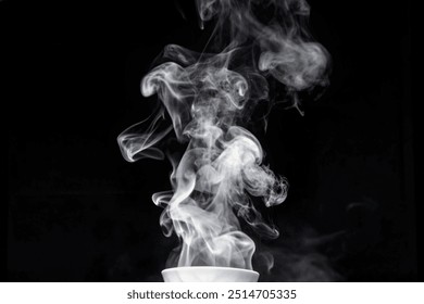 Beautiful white abstract steam from tea or coffee on a black isolated background. Overlay, screen, soft light layer for your image in Photoshop. Smoke on stage studio for product presentation