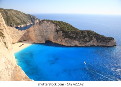 Beautiful White Beach With Shipwreck In The Greek Island Of Zakynthos