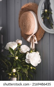 A Beautiful White Bouquet Of Peonies In The Sunlight On A Black Table. The Interior Of A Country House In The Style Of Provence. The Concept Of Home Comfort And Decor In The House.