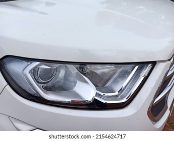 Beautiful White Car Headlights, Modern And Elegant White Car, Closeup Of Car Headlight