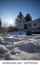 Beautiful White Christmas Morning. Sun Shining On The Snow. Winter Wonderland.