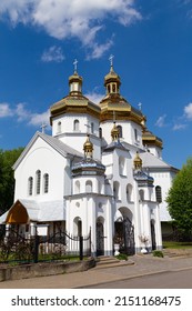 Beautiful  white church with golden domes. Orthodox Church of Saint Nicholas in  Busk city, outdoors. Ukrainian cultural heritage monument. Lviv region. Ukraine.