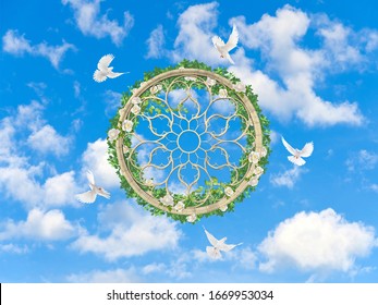 
Beautiful white clouds and pigeons on a background of blue sky. Art ceiling. 3D Wallpaper.