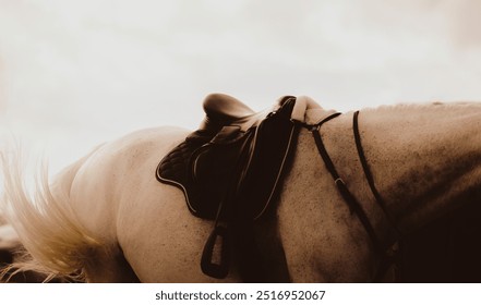 A beautiful white horse, wearing a leather saddle, stands proudly against a cloudy background on a sunny day, ready to compete in sports. - Powered by Shutterstock