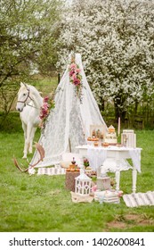 The Beautiful White Horse And Wedding Teepee Tent