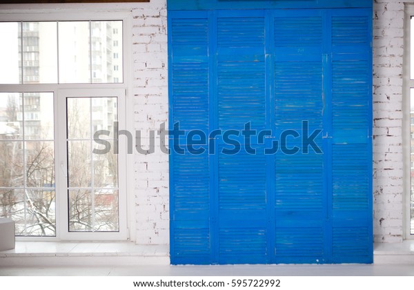 Beautiful White Loft Interior Blue Louvre Stock Photo Edit