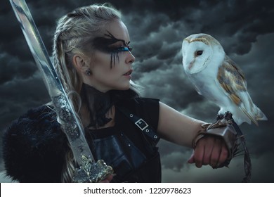 beautiful white owl, Viking blonde woman with shield and sword, braids in her hair.