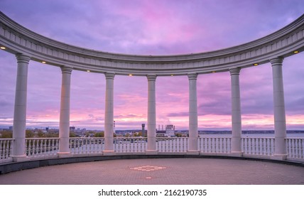 Beautiful white rotunda on the high bank of the Izhevsk pond at sunset - Shutterstock ID 2162190735