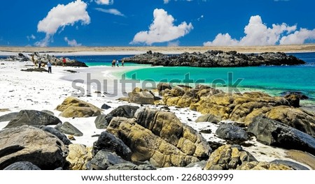 Beautiful white sand beach bay, rocks, natural turquoise sea water pool - Bahia Inglesa, Chile, La Piscina