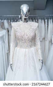 Beautiful White Wedding Dress On Mannequin In Trendy Bridal Show Room 