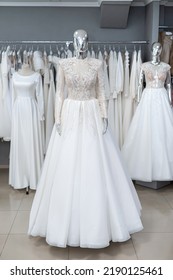 Beautiful White Wedding Dress On Mannequin In Trendy Bridal Show Room 