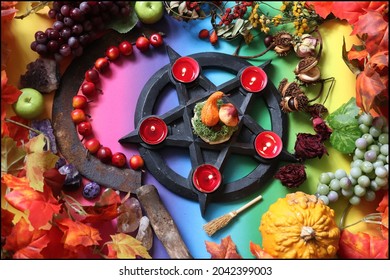 Beautiful Wiccan Pagan altar for Mabon or Samhain Sabbath