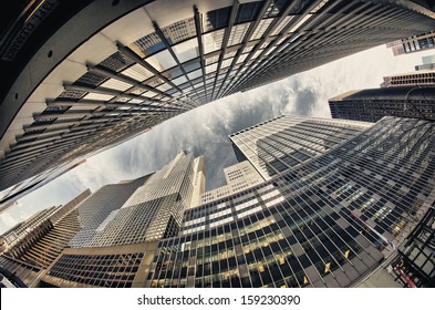 Beautiful Wide Angle Upward View Of Manhattan Skyscrapers From Street Level - New York City.