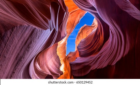 Beautiful wide angle view of amazing sandstone formations in famous Lower Antelope Canyon near the historic town of Page at Lake Powell, American Southwest, Arizona, USA - Powered by Shutterstock